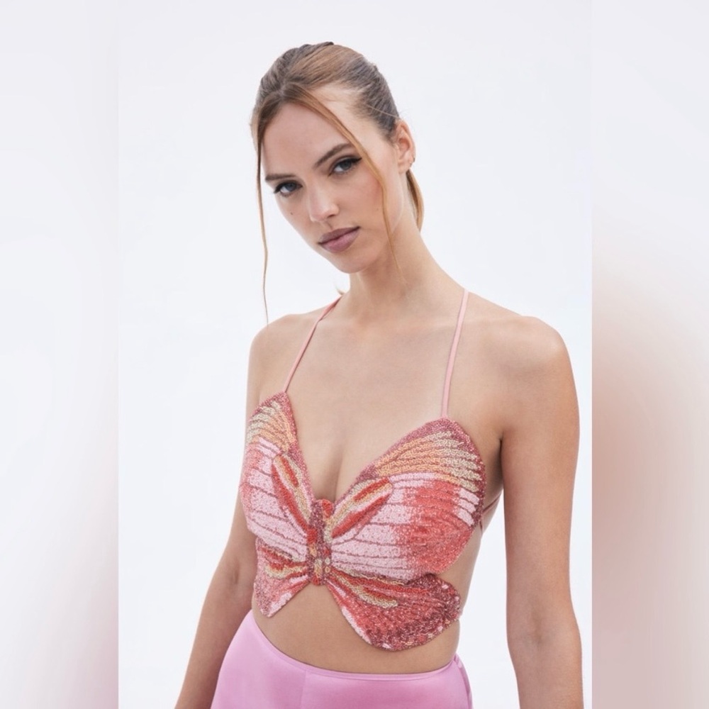 Cult Gaia X Bratz Parvana Butterfly Beaded Top in Pink Multi